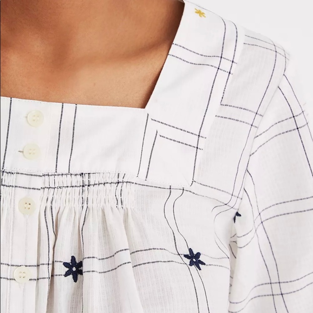 Embroidered Windowpane Square-Neck Button-Down Top - image 8